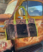 Load image into Gallery viewer, Chartreuse green leather/cowhide Junebug weekender