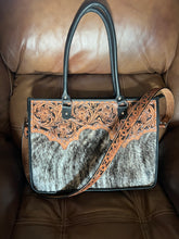 Load image into Gallery viewer, Black/white cowhide laptop case/tote