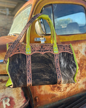 Load image into Gallery viewer, Chartreuse green leather/cowhide Junebug weekender