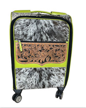 Load image into Gallery viewer, Chartreuse leather, speckled cowhide rolling suitcase