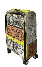 Load image into Gallery viewer, Chartreuse leather, speckled cowhide rolling suitcase