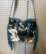 Load image into Gallery viewer, Cowhide purse, blue fringe
