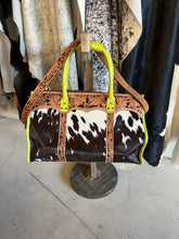 Load image into Gallery viewer, Chartreuse dk brown/white spotted weekender Junebug