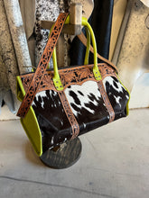 Load image into Gallery viewer, Chartreuse dk brown/white spotted weekender Junebug