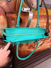 Load image into Gallery viewer, Turquoise leather, black hide blue acid washed laptop bag