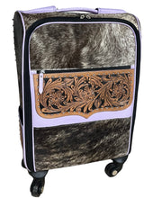 Load image into Gallery viewer, Lavender leather, black brindle cowhide rolling suitcase