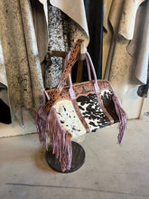 Load image into Gallery viewer, Lavender leather, dk brown spotted hide with Fringe weekender