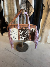Load image into Gallery viewer, Lavender leather, dk brown spotted hide with Fringe weekender