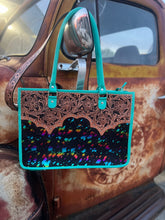 Load image into Gallery viewer, Turquoise leather, black rainbow acid wash hide laptop bag