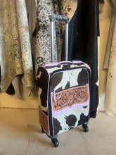Load image into Gallery viewer, Lavender leather, dk brown/white cowhide rolling suitcase