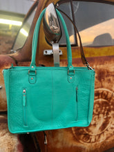 Load image into Gallery viewer, Turquoise leather, black rainbow acid wash hide laptop bag