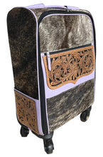 Load image into Gallery viewer, Lavender leather, black brindle cowhide rolling suitcase
