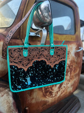 Load image into Gallery viewer, Turquoise leather, black hide blue acid washed laptop bag