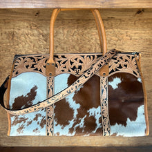 Load image into Gallery viewer, Cognac Brown/white spotted cowhide Junebug tote - wholesale