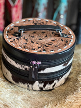 Load image into Gallery viewer, Black/white cowhide double decker round jewelry case