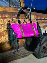 Load image into Gallery viewer, Pink/Silver acid wash with fringe Junebug tote/weekender