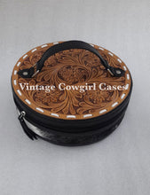 Load image into Gallery viewer, Tooled leather W/buckstitch round makeupcase black