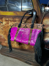 Load image into Gallery viewer, Pink/Silver acid wash with fringe Junebug tote/weekender