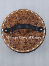 Load image into Gallery viewer, Tooled leather W/buckstitch round makeupcase black