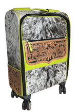 Load image into Gallery viewer, Chartreuse leather, speckled cowhide rolling suitcase
