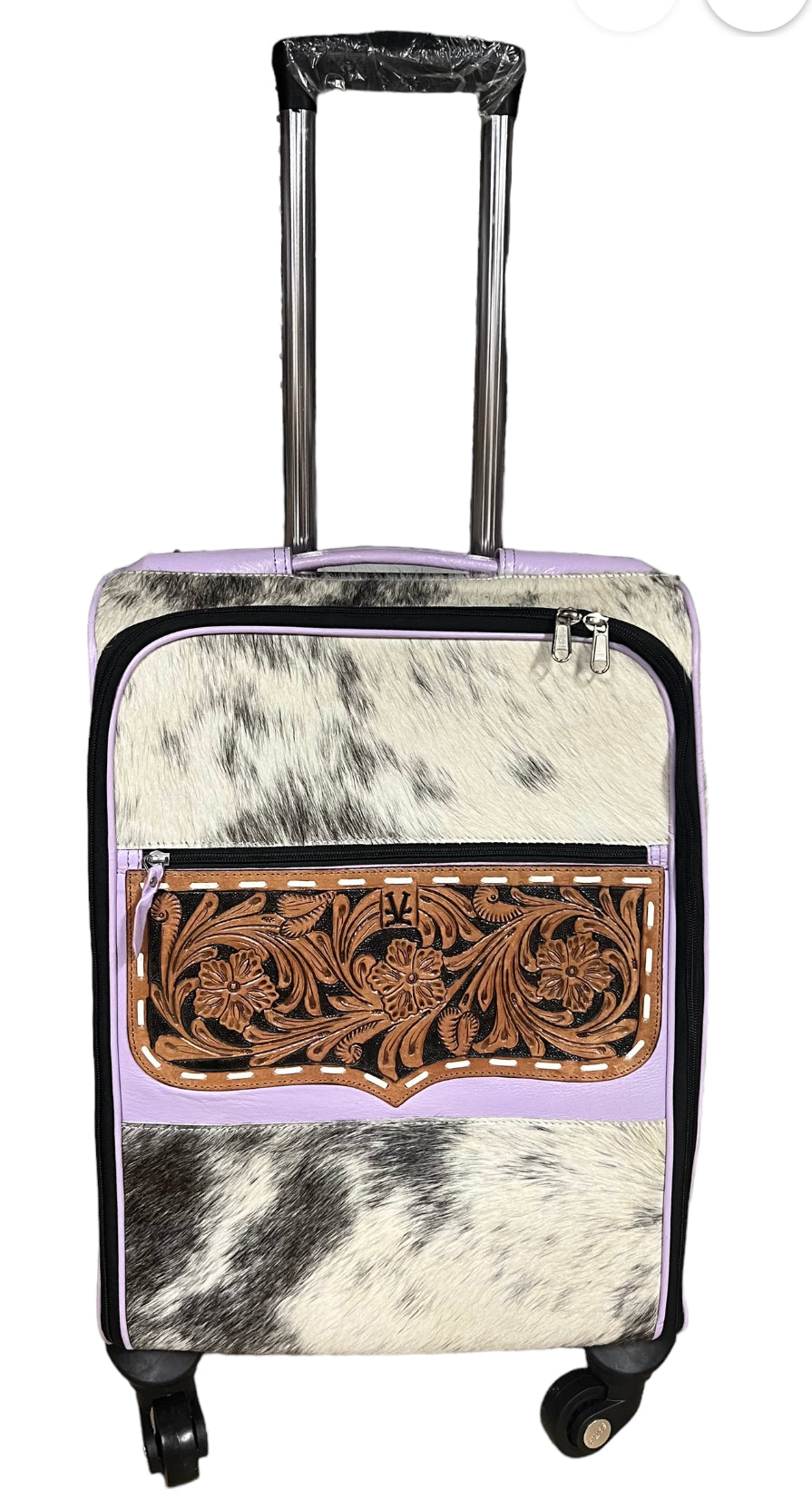 Lavender leather blk/white hide rolling suitcase