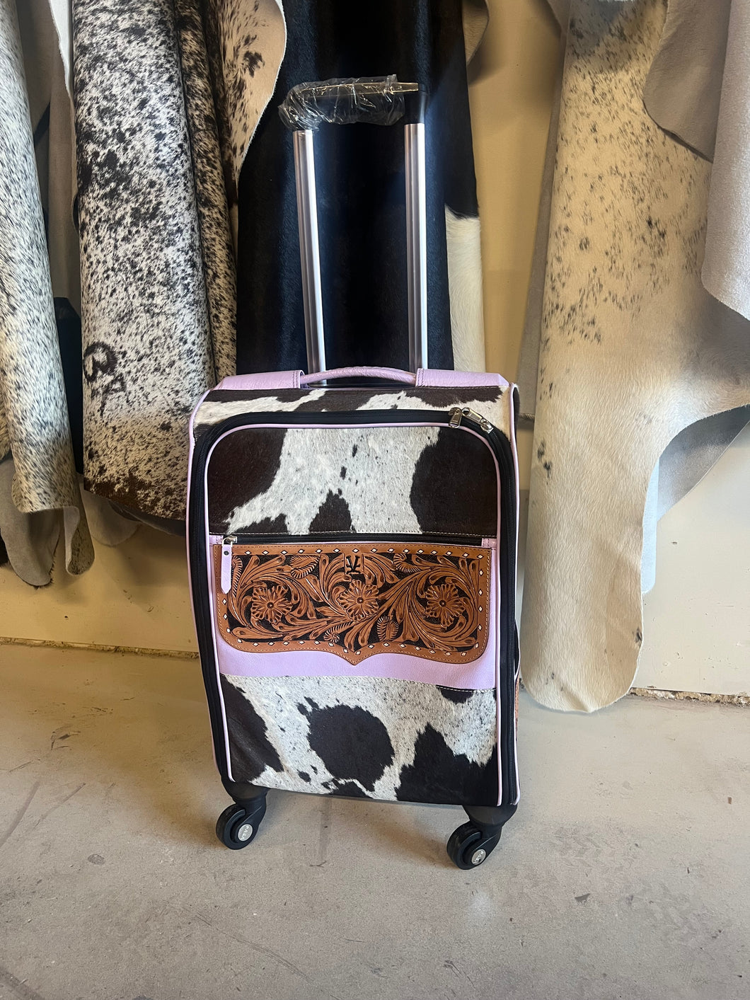 Lavender leather, dk brown/white cowhide rolling suitcase