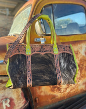 Load image into Gallery viewer, Chartreuse green leather/cowhide Junebug weekender
