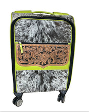 Load image into Gallery viewer, Chartreuse leather, speckled cowhide rolling suitcase
