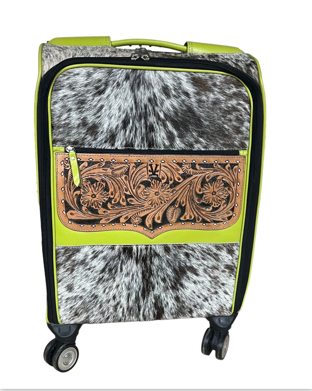 Chartreuse leather, speckled cowhide rolling suitcase