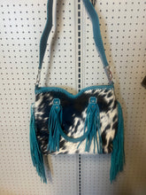 Load image into Gallery viewer, Cowhide purse, blue fringe
