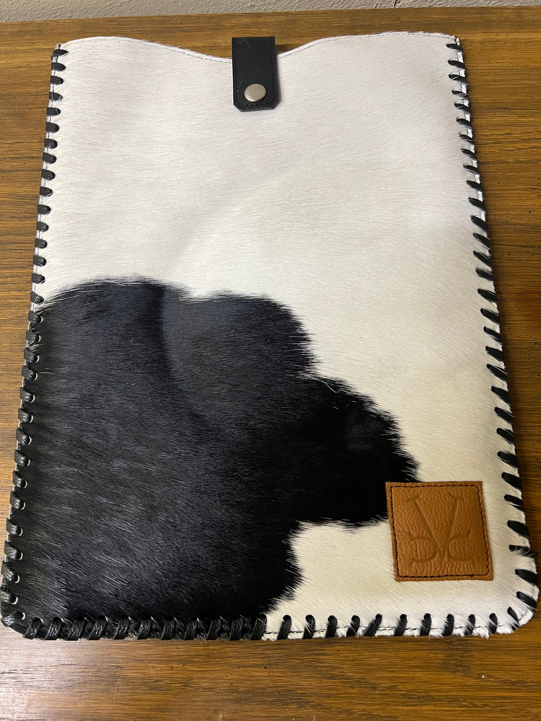 Black leather & cowhide padded laptop sleeve