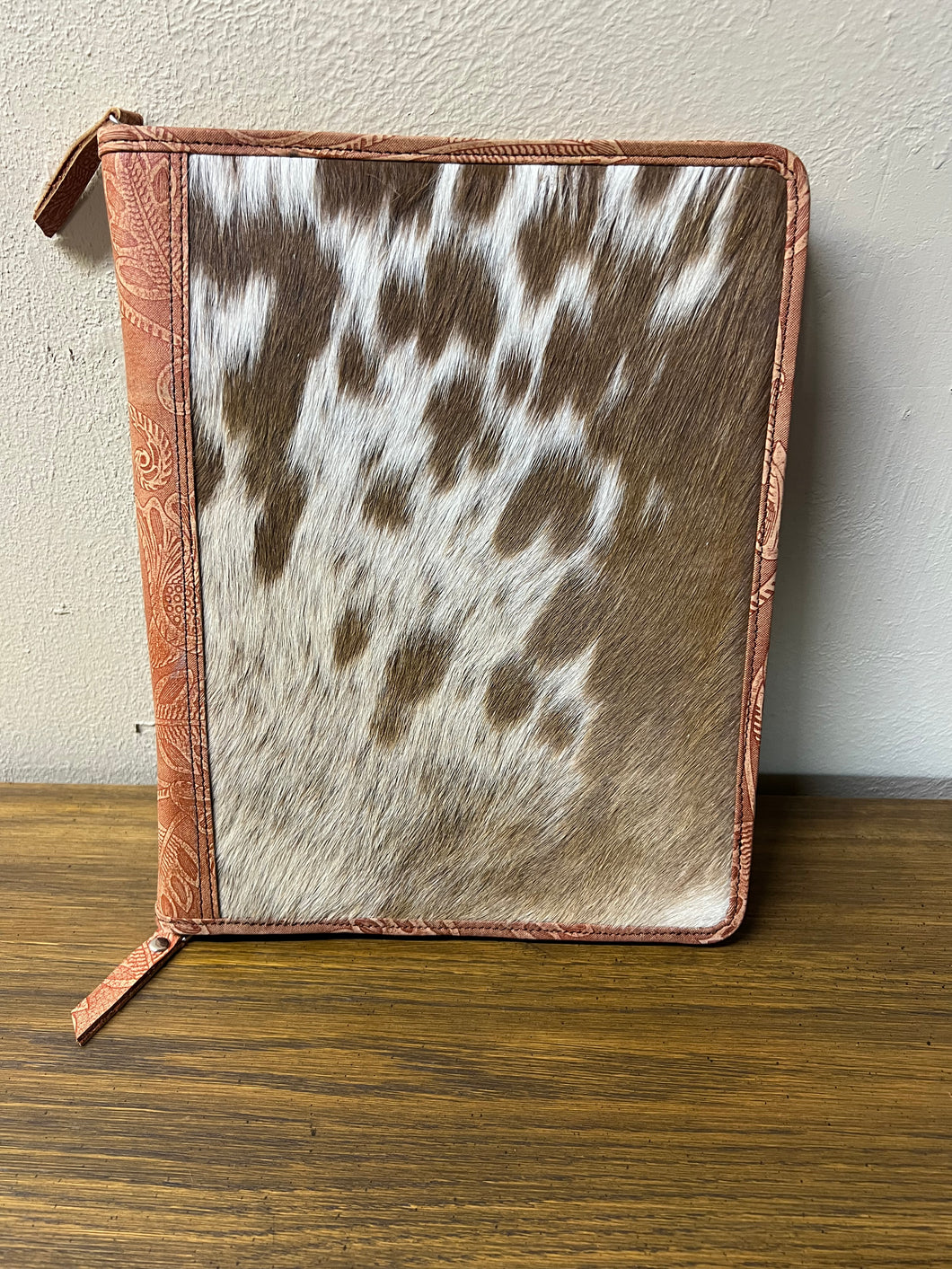 Brown embossed leather & cowhide 6 ring planner cover