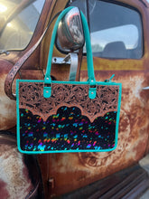 Load image into Gallery viewer, Turquoise leather, black rainbow acid wash hide laptop bag

