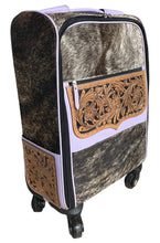 Load image into Gallery viewer, Lavender leather, black brindle cowhide rolling suitcase
