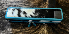 Load image into Gallery viewer, Blue leather, blk/white cowhide flat iron (curling iron) case
