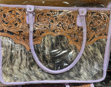 Load image into Gallery viewer, Lavender leather black brindle hide laptop case with trolley sleeve

