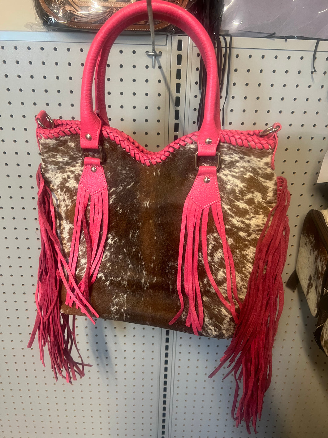 Cowhide purse/pink fringe