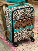 Load image into Gallery viewer, Turquoise cheetah/rainbow acid wash rolling suitcase
