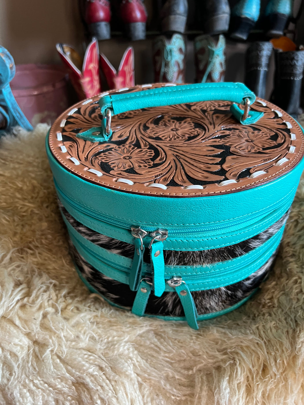Turquoise Round Double Decker jewelry case