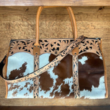 Load image into Gallery viewer, Cognac Brown/white spotted cowhide Junebug tote - wholesale
