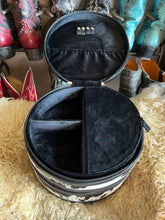 Load image into Gallery viewer, Black/white cowhide double decker round jewelry case
