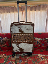 Load image into Gallery viewer, Cognac brown/white speckled cowhide rolling suitcase
