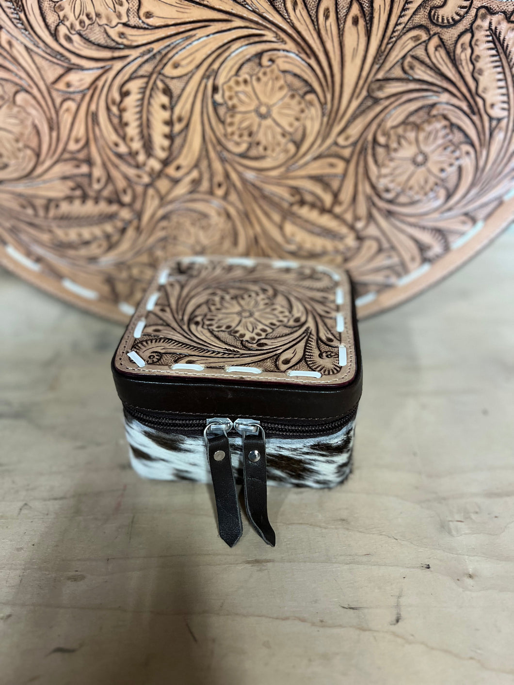 Chocolate brown, dark brown/white cowhide mini jewelry case - wholesale