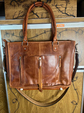 Load image into Gallery viewer, Cognac w/brown/white hide laptop case/tote
