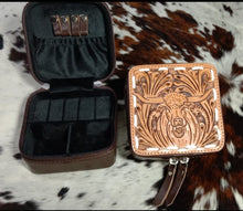 Load image into Gallery viewer, Mini travel jewelry case, tooled leather, longhorn
