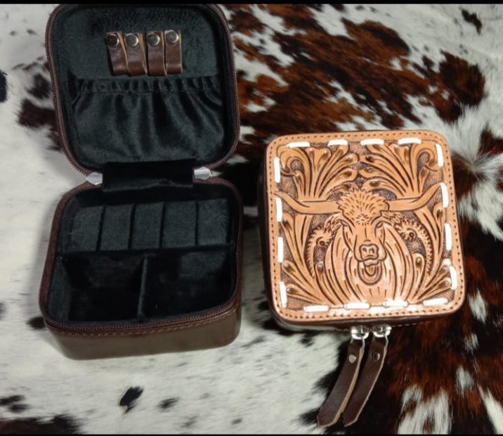 Mini travel jewelry case, tooled leather, longhorn