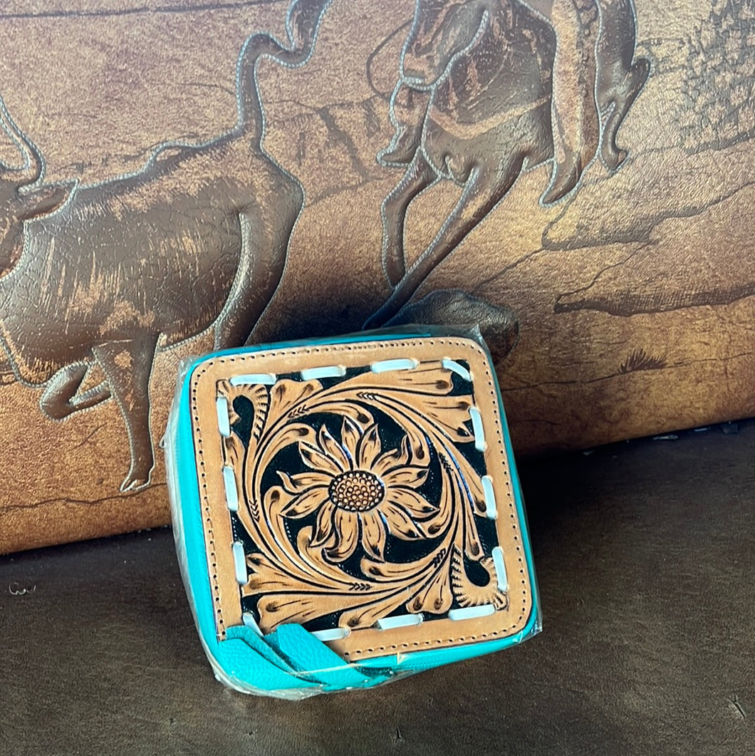 Turquoise leather/cowhide floral tooled mini jewelry case