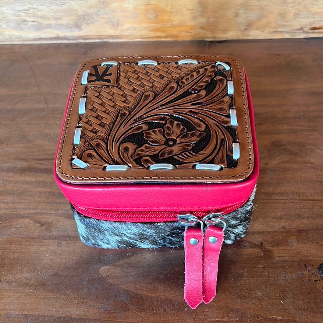 Red floral & basket weave tooled mini jewelry case