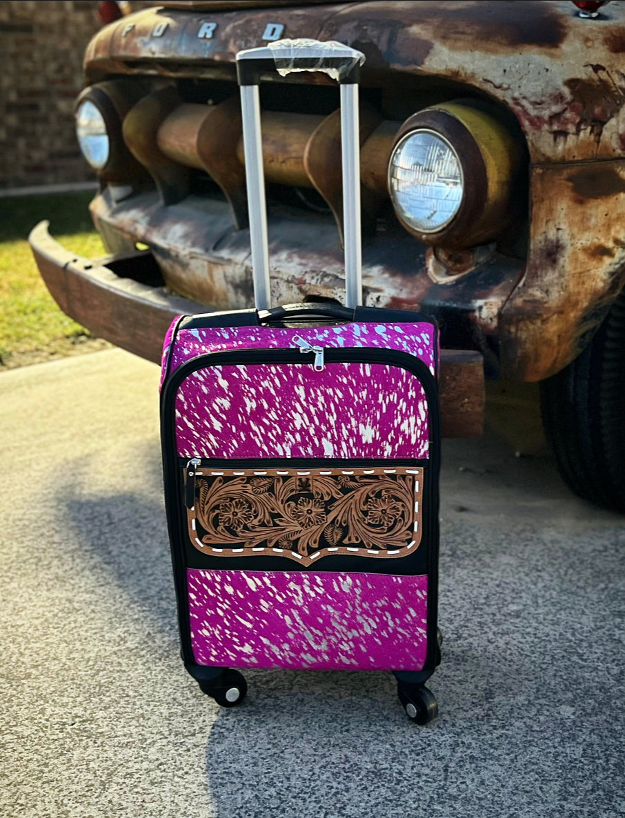 Pink/silver acid wash rolling suitcase