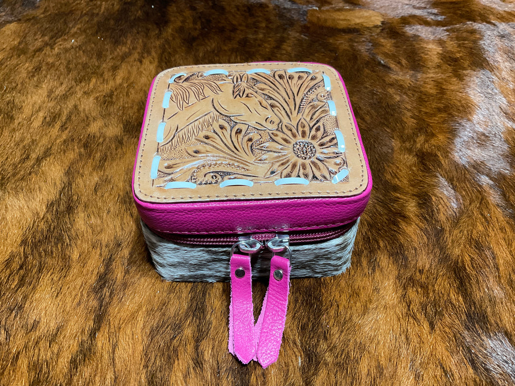 Red leather/cowhide horse tooled leather mini jewelry case